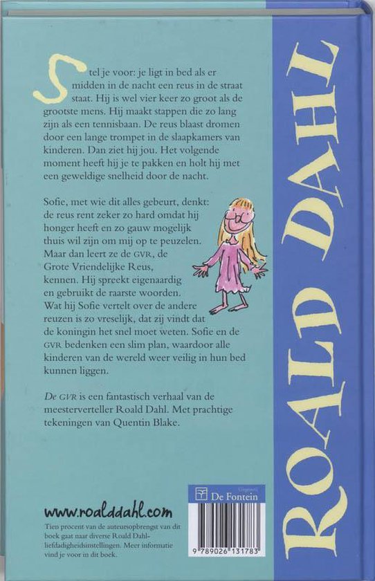 Dos du livre De GVR avec texte de Roald Dahl et illustration de Quentin Blake.