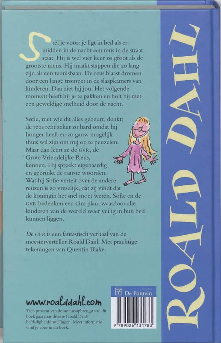 Dos du livre De GVR avec texte de Roald Dahl et illustration de Quentin Blake.