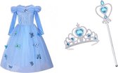 Robe princesse bleu taille 128/134 + bâton et couronne gratuits - avec papillons - (étiquette taille 140) - robe habillée
