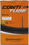 Oranje CONTINENTAL CONTI TUBE MTB 26 fietsbanddoos met specificaties en Presta ventiel.
