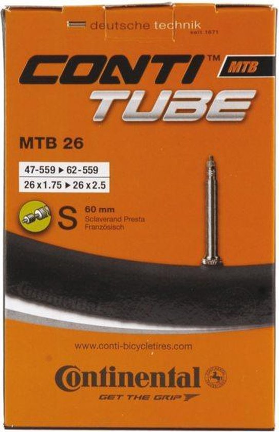 Oranje CONTINENTAL CONTI TUBE MTB 26 fietsbanddoos met specificaties en Presta ventiel.