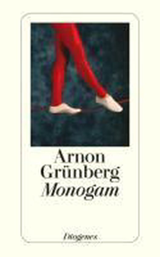 Livre 'Monogam' d'Arnon Grünberg, avec une image de jambes en collants rouges sur un fil.