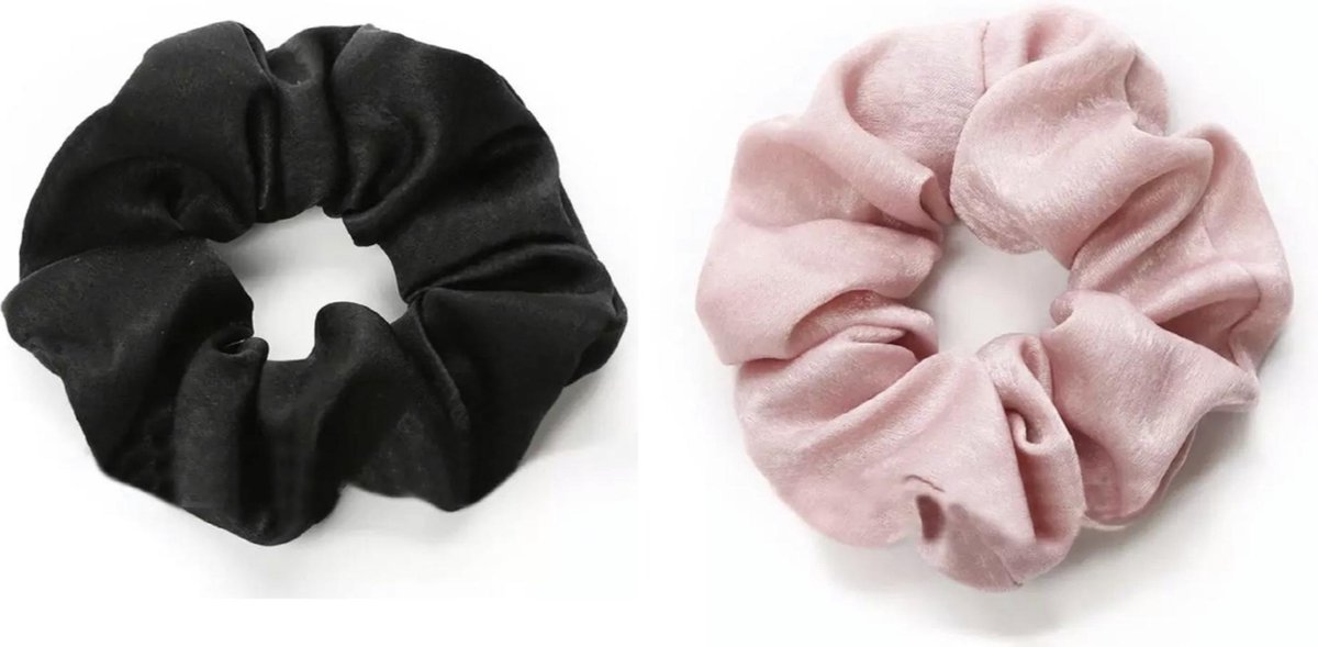 Scrunchie kraagjeskopen.nl - zijdezachte haarwokkel haarelastiek zwart roze - 2 stuks - scrunchies