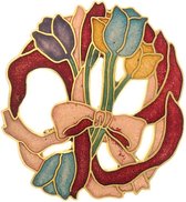 Behave® Dames Broche rond tulpen bloemen rood - emaille sierspeld -  sjaalspeld  4,5 cm
