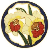 Behave® Dames Broche rond bloemen narcis wit blauw - emaille sierspeld -  sjaalspeld  4,5 cm