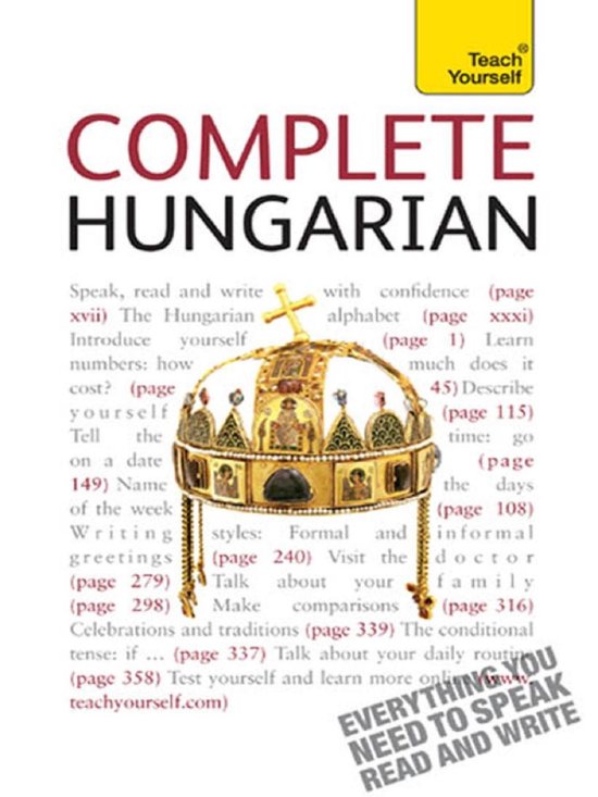 Boek met de titel 'COMPLETE HUNGARIAN' in grote letters. Een kroon is afgebeeld. 'Teach Yourself' logo bovenaan.