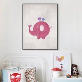 Postercity - Design Canvas Poster Roze Olifant met Vogeltjes / Kinderkamer / Muurdecoratie / 40 x 30cm / A3