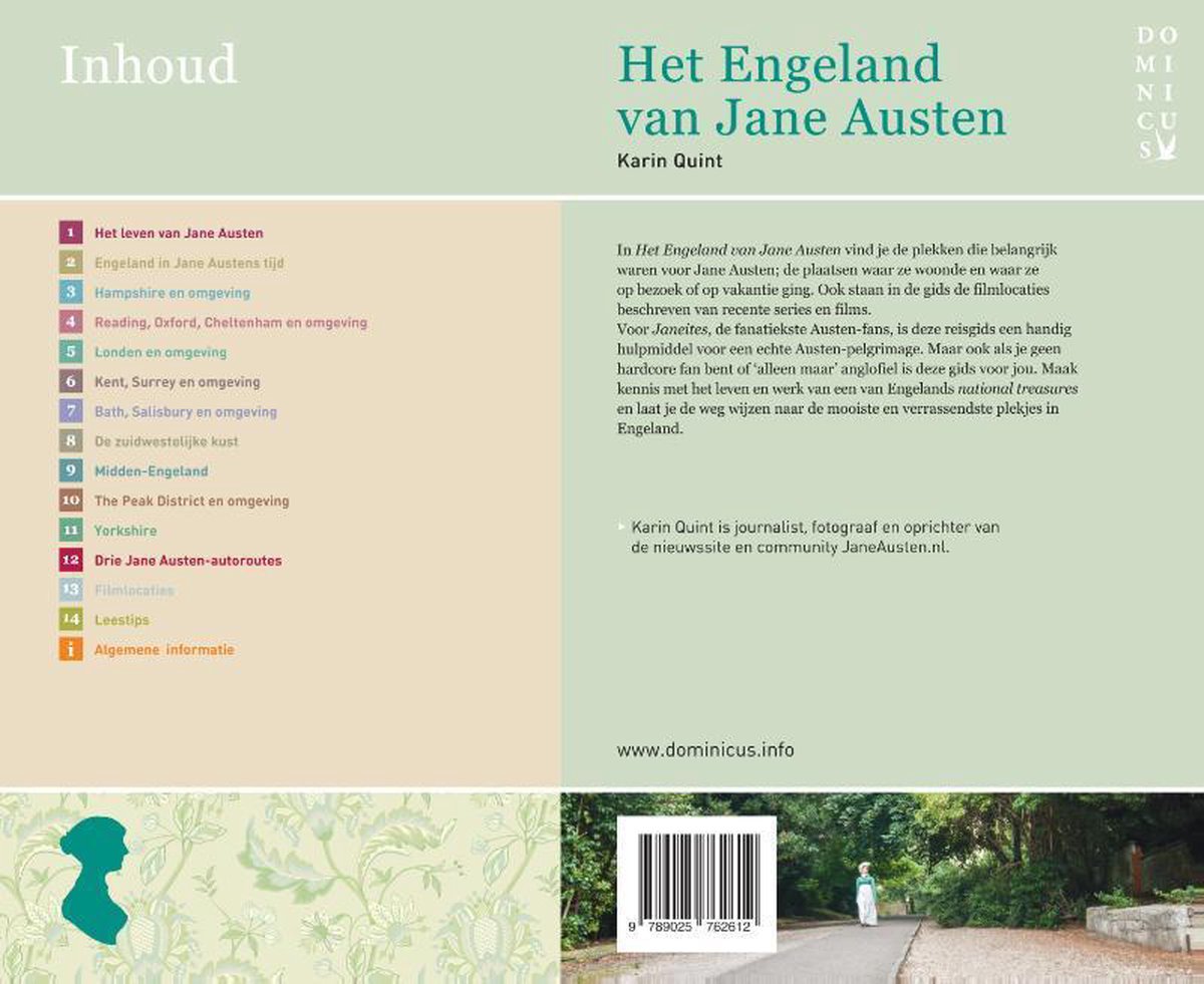 Boek "Het Engeland van Jane Austen" met een inhoudsopgave en een portret van Jane Austen.