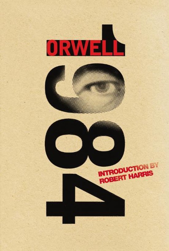 Boekomslag van 1984 met grote zwarte cijfers en rode tekst 'ORWELL'. Een oog is zichtbaar in de '9'.