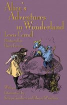 Boekkaft van 'Alice's Adventures in Wonderland' met illustratie van Alice en een blauw wezen.