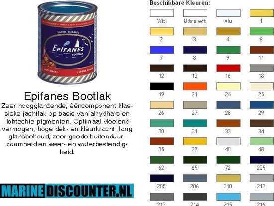 Blik Epifanes Bootlak Yacht Enamel, gouden/witte strepen. Kleurenkaart met 36 kleuren.