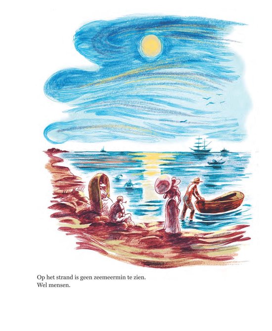 Een strandscène met mensen, boten en een volle maan aan een heldere lucht met golvende lijnen.