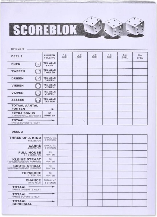 Yahtzee Scoreblok met 200 vellen - Spel voor op Reis - Scoreblock - Spelletjes - Dobbelspellen - Spelaccessoires