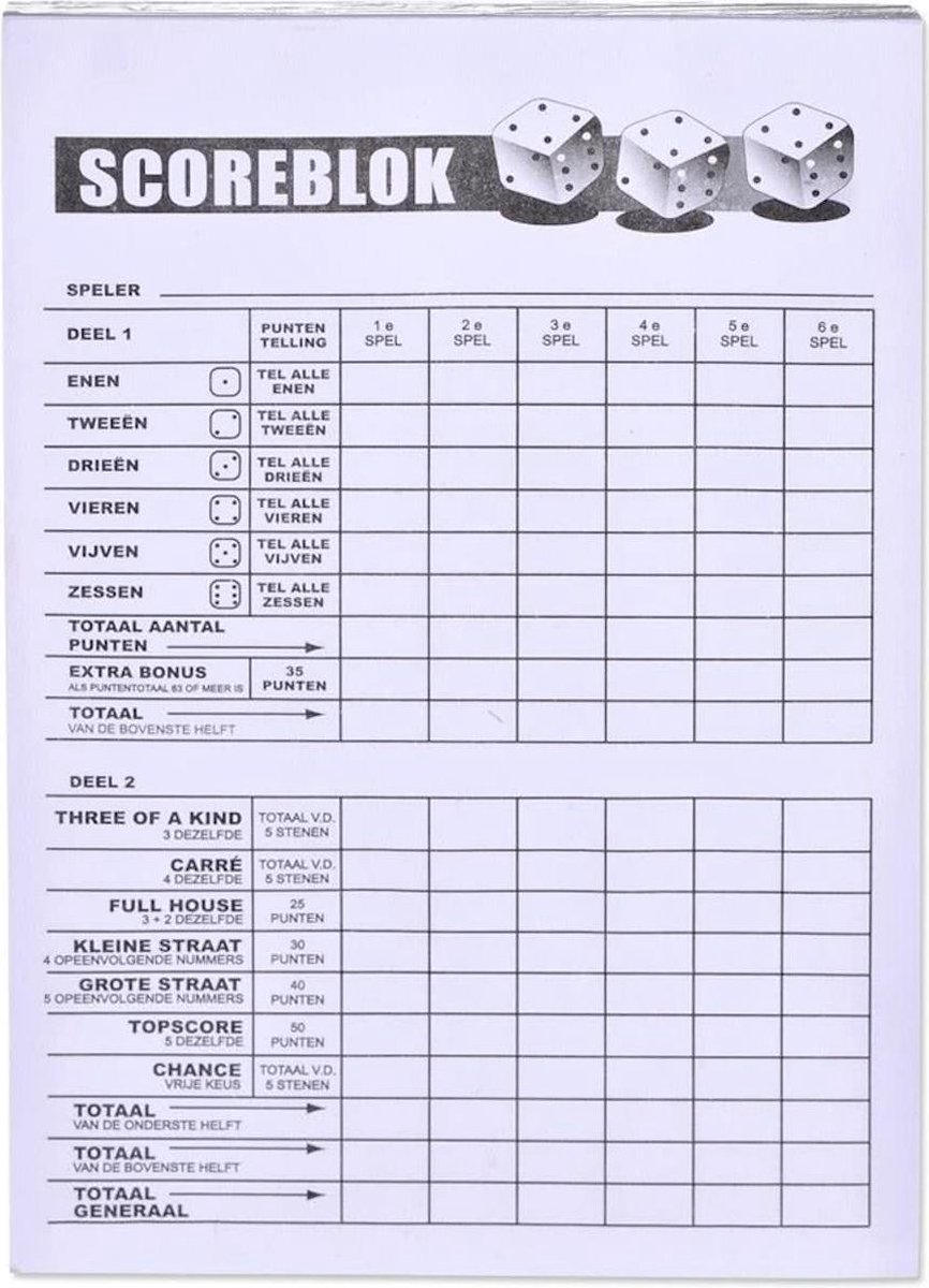 Yahtzee Scoreblok met 200 vellen - Spel voor op Reis - Scoreblock - Spelletjes - Dobbelspellen - Spelaccessoires - Merkloos