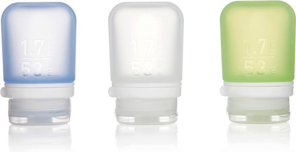 Human Gear - GoToob+ 3-Pack Small - - herbruikbaar - reisflacon - lekvrij - lichtgewicht - 53ml - Clear / Green / Blue
