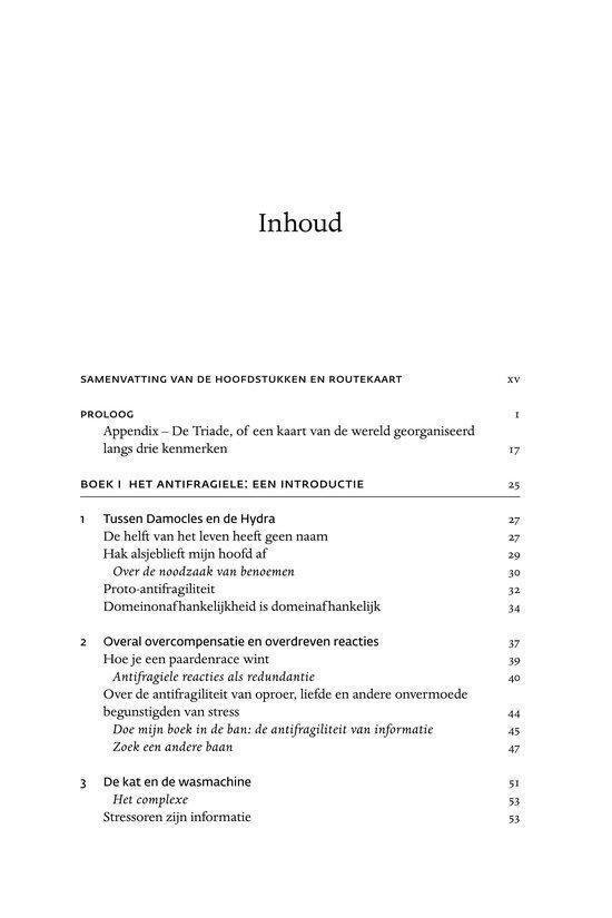 Pagina met 'Inhoud' en 'Samenvatting van de hoofdstukken en routekaart' uit het boek.