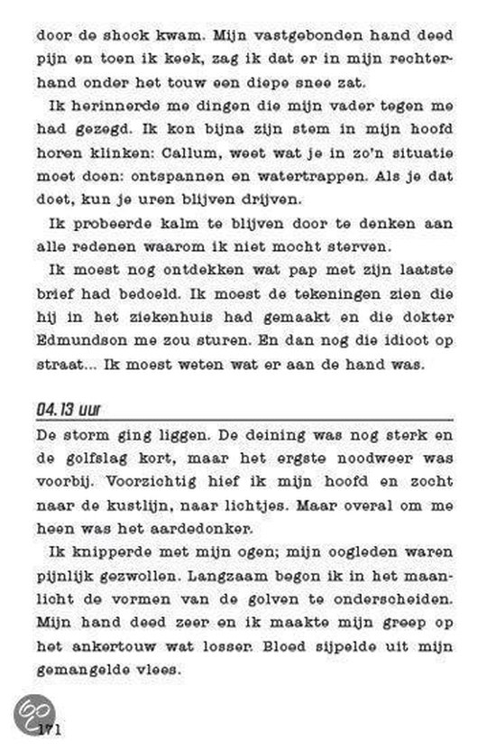 Tekstpagina uit een boek, met een passage over pijn, shock en een storm.