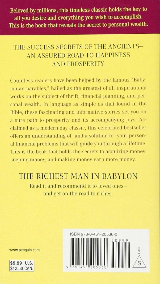 Achterkant van het boek "The Richest Man in Babylon" met paarse en gele tekst over de inhoud en prijs.