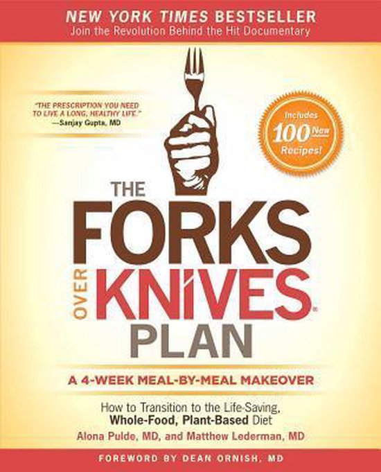 Boekcover van 'The Forks Over Knives Plan', een New York Times bestseller met een vuist die een vork omhoog houdt.