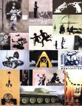 Collage van diverse Banksy-kunstwerken, waaronder een tank en een zanger.