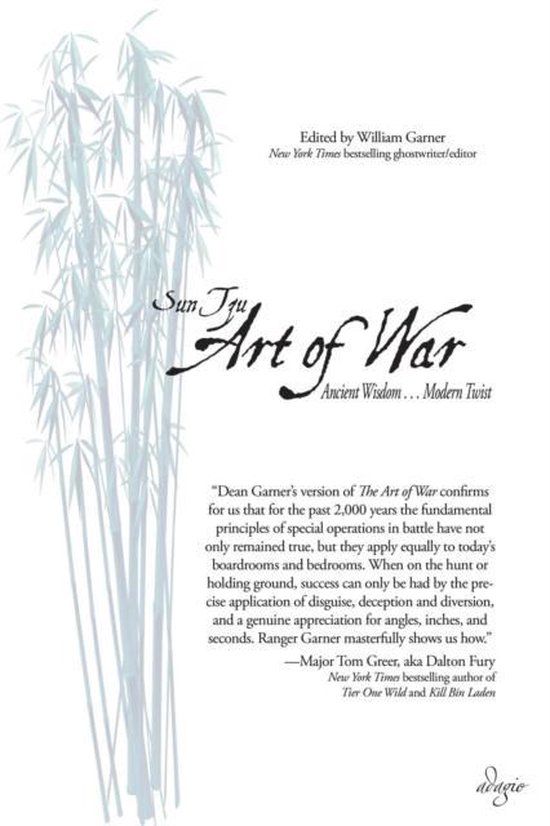 De kaft van 'The Art of War' met de titel in sierlijke letters, subtiel illustratie van bamboe, bewerkt door William Garner.