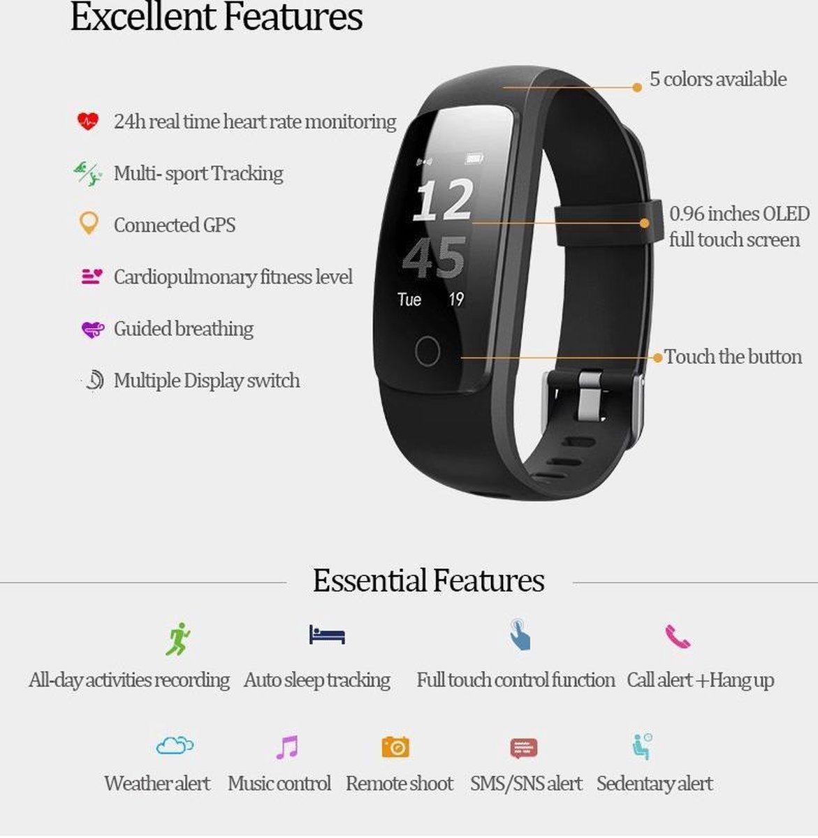 Smart Band Bluetooth Activity tracker Hartslagsensor Very fit pro zwart bol
