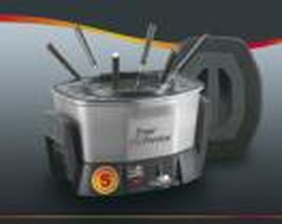 Zilverkleurige friteuse/fondueset met zwarte handvatten en een deksel. "PFAS FREE" logo en instelknop zichtbaar.