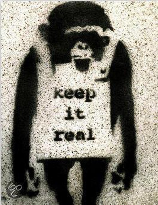 Stencil van een aap die een shirt draagt met de tekst "keep it real".