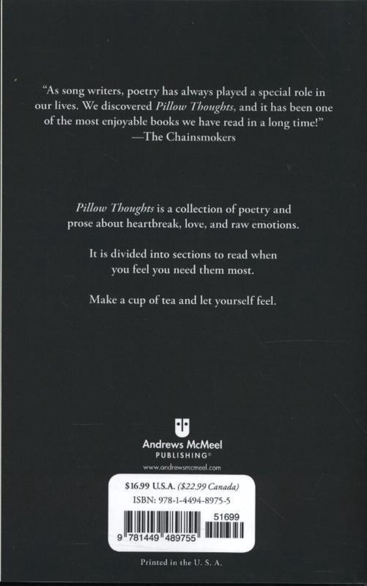 Achterkant van het boek 'Pillow Thoughts' met recensies, een beschrijving van de inhoud en ISBN-informatie.