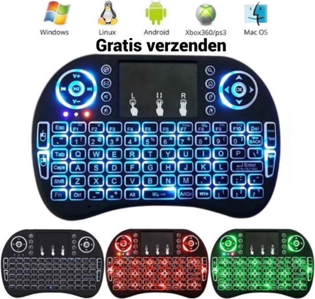Saizi Mini i8 + toetsenbord met backlight Led keyboard voor ANDROID,Windows,Linux,Raspberry Pi,Smart TV, Console,KODI, met 3 licht kleuren ,rood,groen,blauw .