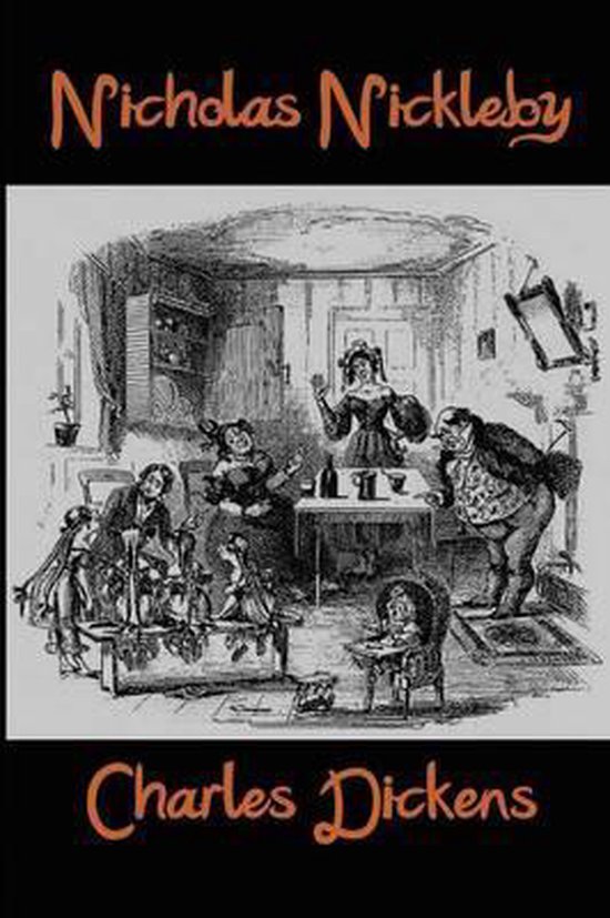 Boekomslag van Nicholas Nickleby van Charles Dickens, met een illustratie van een drukke, interieurscène met meerdere figuren.