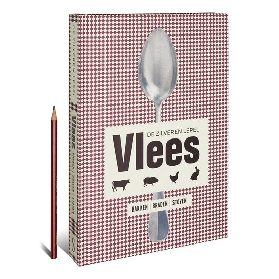 Boek "De Zilveren Lepel Vlees" met een grote lepel en tekst "Vlees" en afbeeldingen van een koe, varken, kip en konijn.