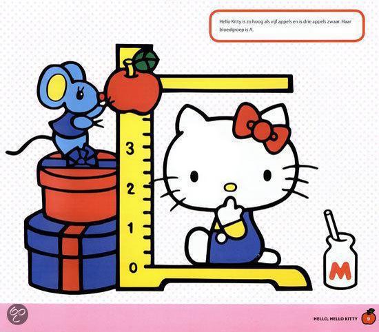 Hello Kitty en een muis op een weegschaal met appelen en cadeautjes.