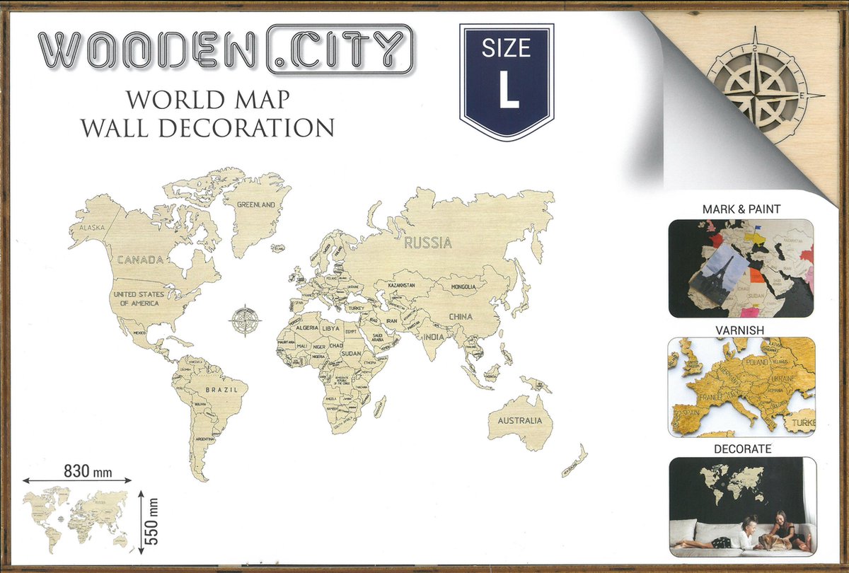 Wooden City Wereldkaart - Muurdecoratie large hout - 55 x 83 cm