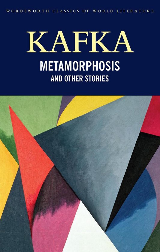 Boekomslag 'Kafka: Metamorphosis and Other Stories' met abstracte geometrische vormen in rood, geel, groen en blauw.