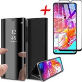 iCall - Samsung Galaxy A70 Hoesje + Screenprotector Full-Screen - Spiegel Lederen Book Case met Tempered Glass Gehard Glas - Zwart