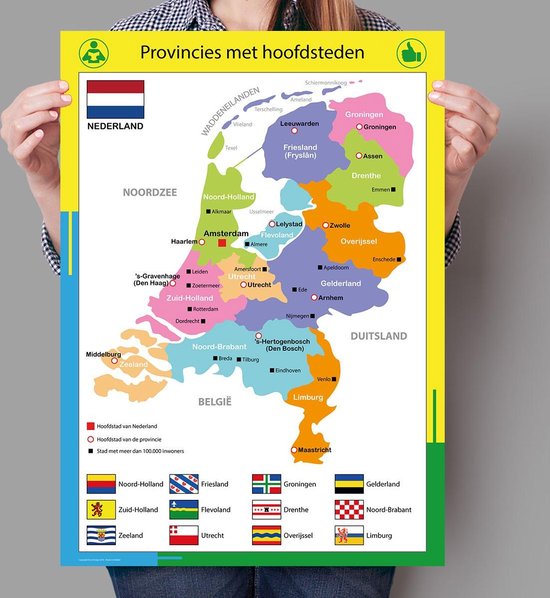 knelpunt de wind is sterk Gentleman vriendelijk Poster kaart Nederland met provincies en hoofdsteden - 50x70cm | bol.com