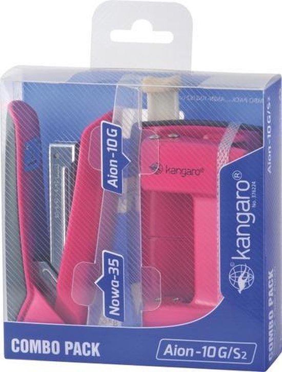 Roze Kangaro combipack met perforator en nietmachine in transparante verpakking met blauwe achtergrond.