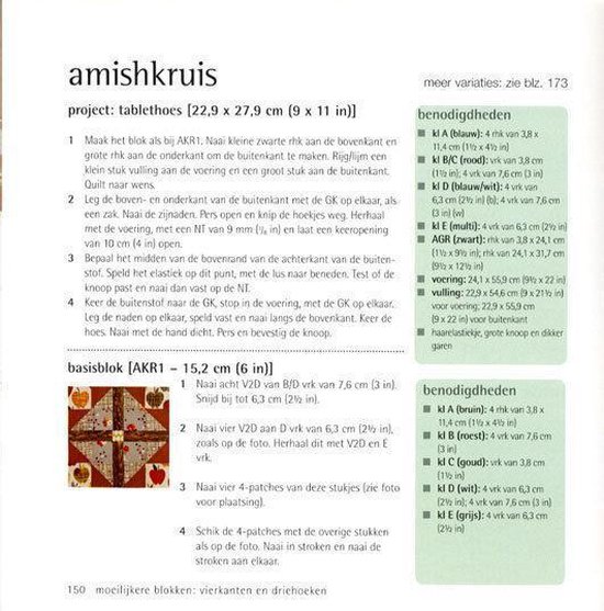 Instructies en diagrammen voor het 'amishkruis' quiltblok en tafelkleed project.