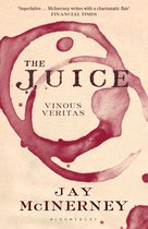 Boek kaft met de titel 'The Juice', met een rood wijnvlek patroon.