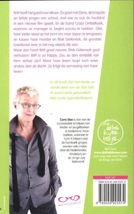 Achterkant van het boek 'Dat heb ik weer!' met een foto van Carry Slee en tekst.