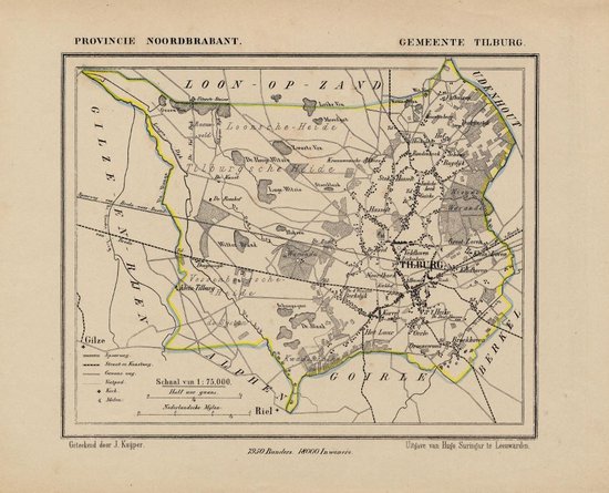 Historische kaart, plattegrond van gemeente Tilburg in Noord Brabant uit 1867 door Kuyper van Kaartcadeau.com