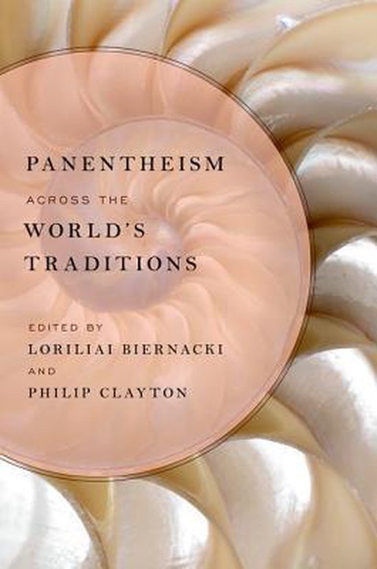 Boekomslag met de titel 'Panentheism Across the World's Traditions'. Centraal staat een roze cirkel met de tekst. De achtergrond is een close-up van een schelp.