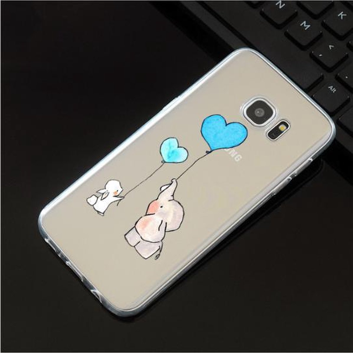 Samsung Galaxy S7 Edge Siliconen hoesje olifantje,konijntje (blauwe ballon)