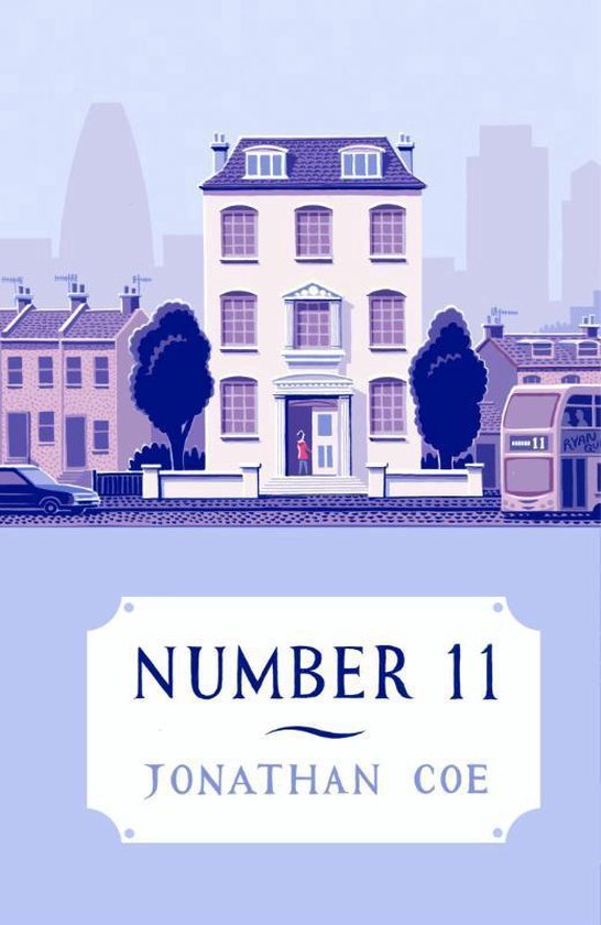 Boekcover: een lichte façade met donkere ramen, een rode figuur op de stoep, omringd door huizen en een dubbeldekker bus met "Number 11" en "Jonathan Coe".