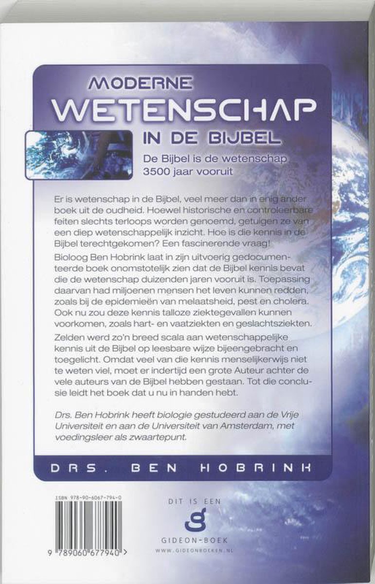 Boekomslag van Moderne Wetenschap in de Bijbel, met tekst en een afbeelding van de aarde.