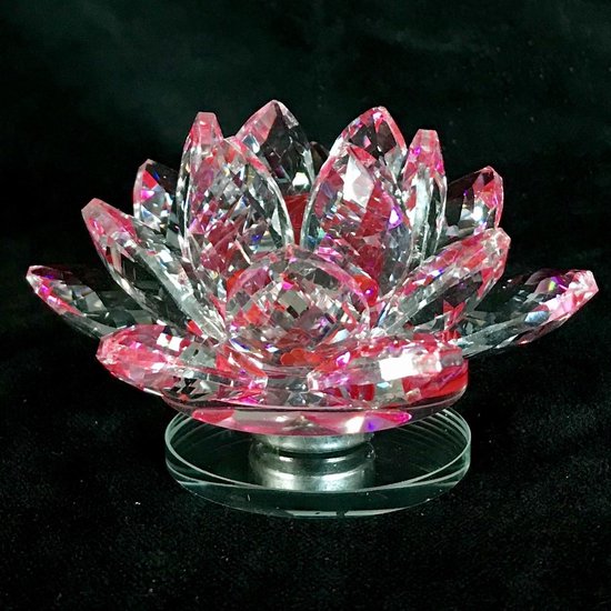Fleur de lotus en cristal sur plateau tournant de luxe couleurs roses de qualité supérieure 9,5x6x9,5cm