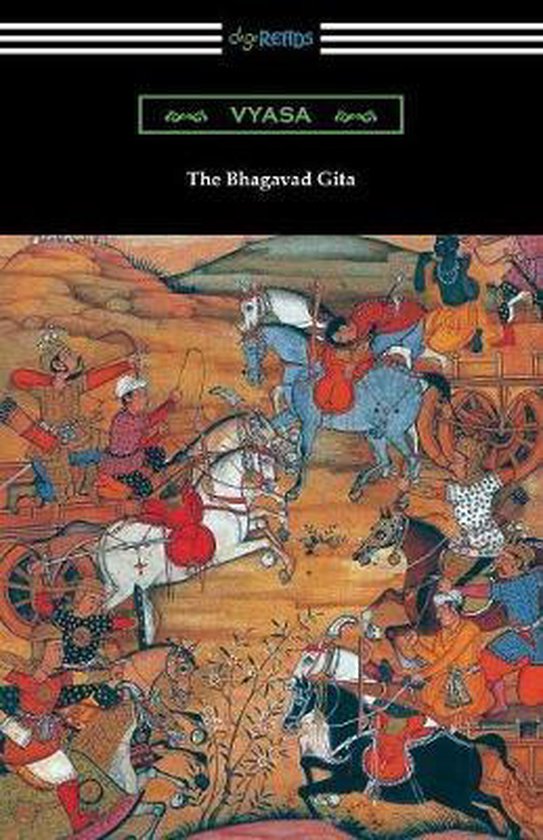 De Bhagavad Gita, met een schilderij van een slagveld met soldaten op paarden en strijdwagens.
