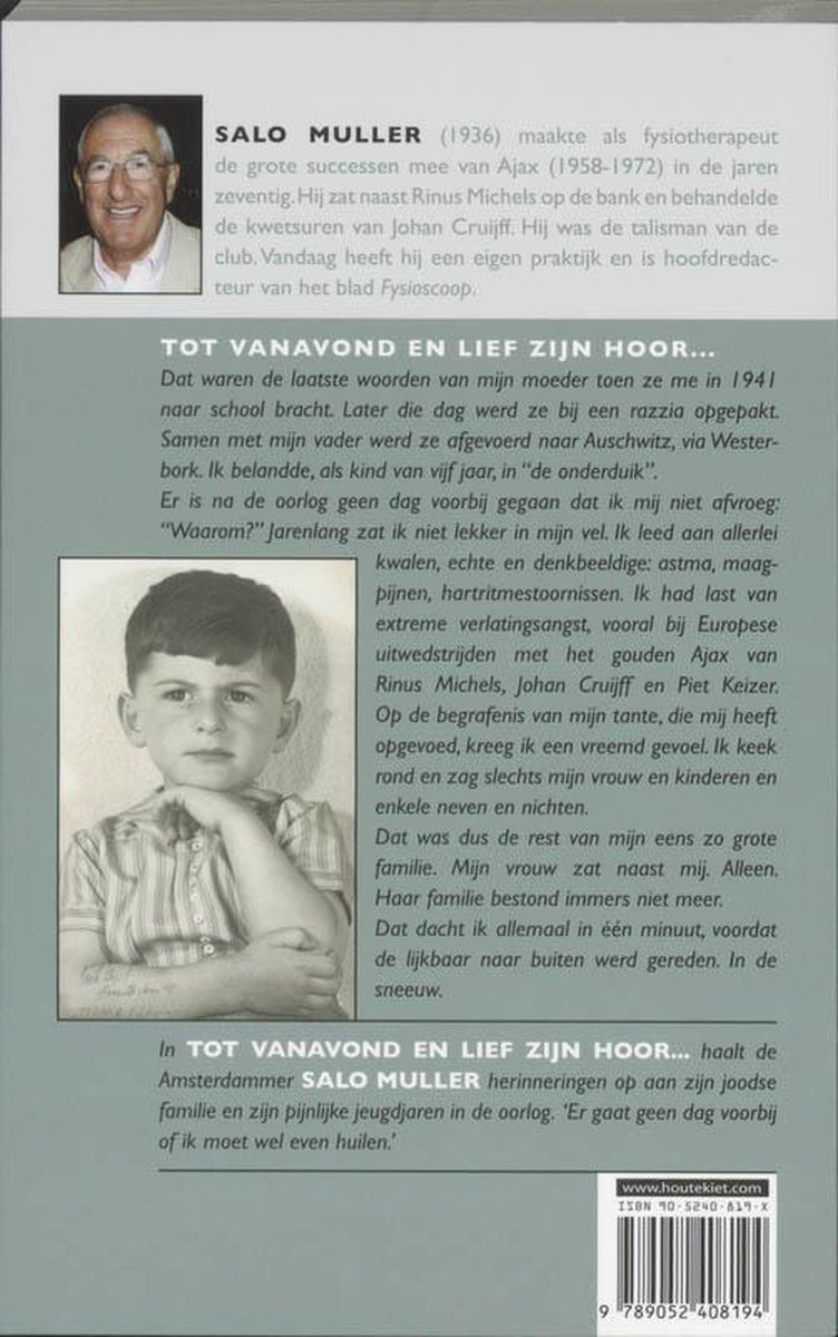 Achterkant boek met portretfoto van Salo Muller en een kinderfoto, inclusief tekst over zijn leven en oorlogservaringen.