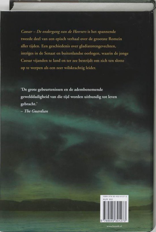 Achterkant van een boek met tekst over 'Caesar - De ondergang van de Heersers'.